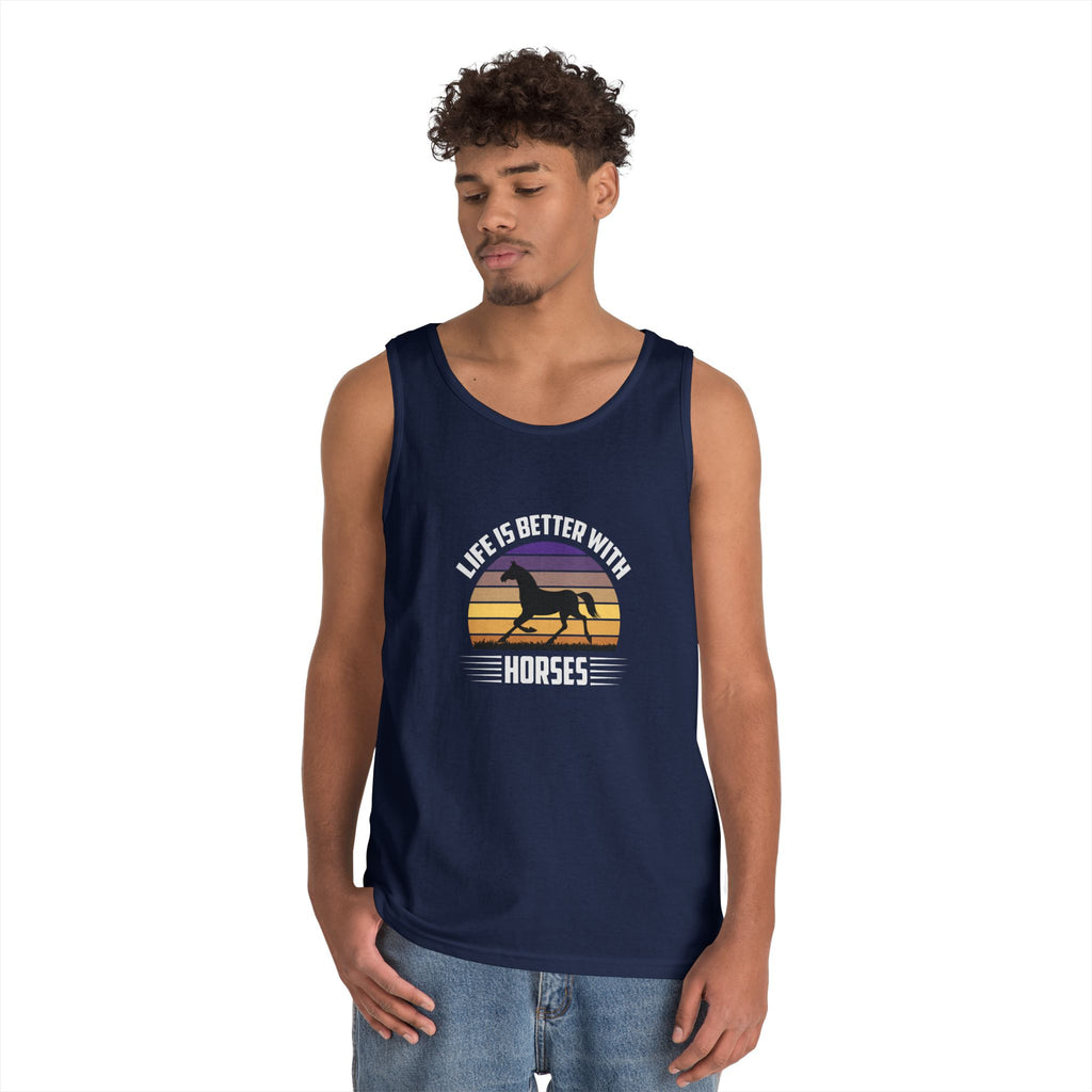 Horse Tank Top — "Life Is Better With Horses" Retro Sunset Riding Shirt